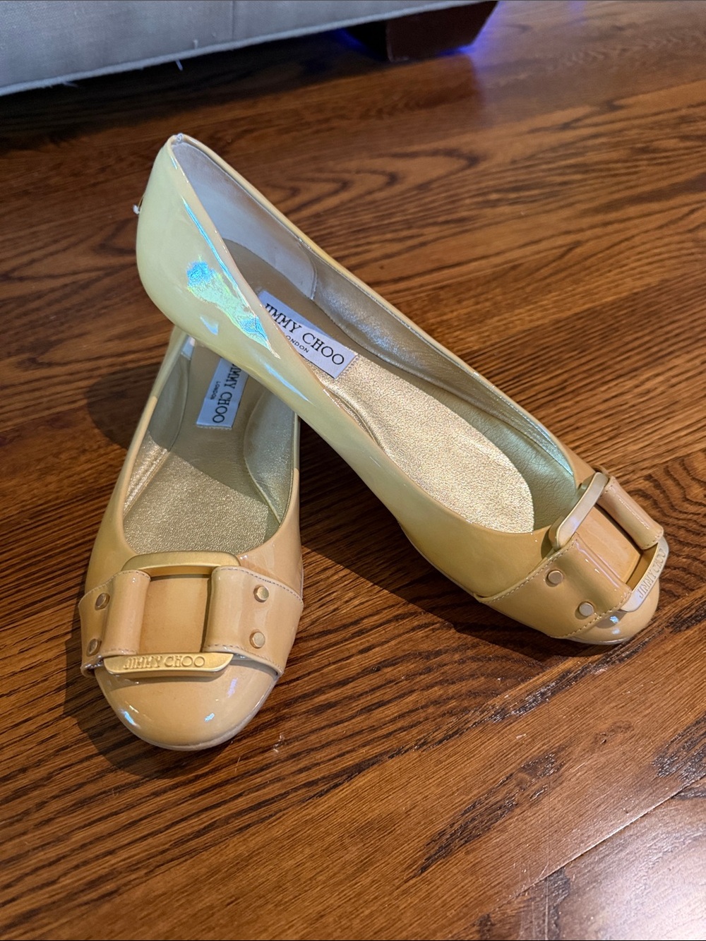 Jimmy Choo Peach Patent Leather Bow-Embellished Ballet Flats